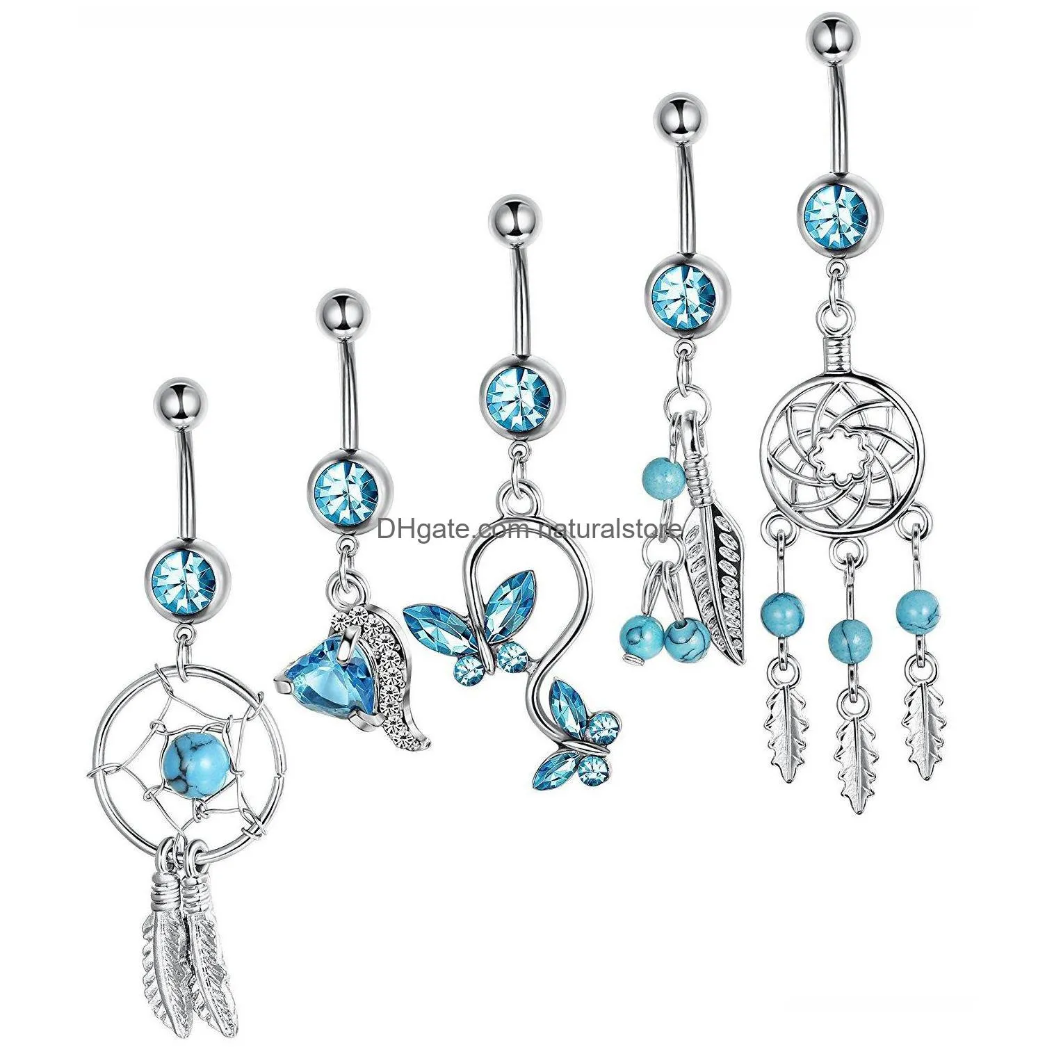 5pcs/set dream catcher blue stone zircon crystal body jewelry stainless steel rhinestone navel bell button piercing rings for women