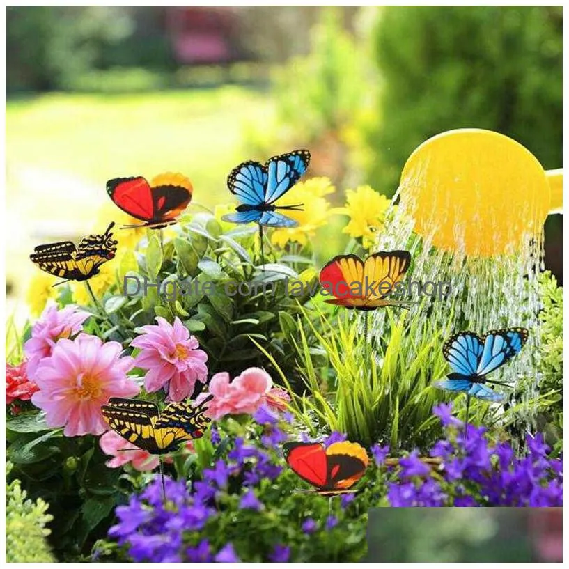 50pcs colorful on sticks artificial pvc butterfly stakes patio craft outdoor yard garden decor indoor flower pots party supplies y0914