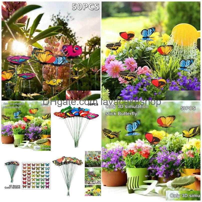 50pcs colorful on sticks artificial pvc butterfly stakes patio craft outdoor yard garden decor indoor flower pots party supplies y0914