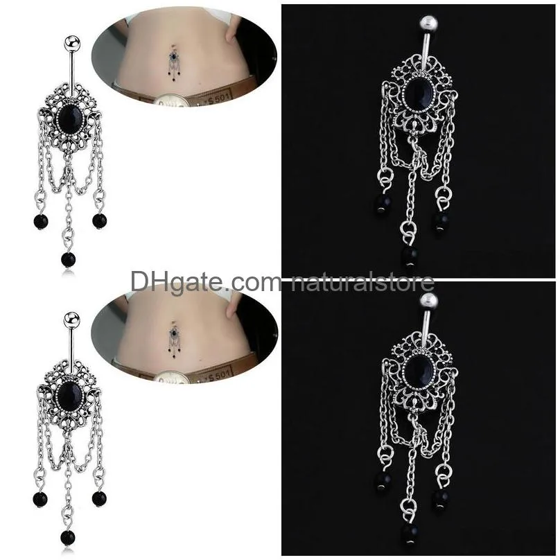 cute vintage black stone tassel body jewelry piercings stainless steel pendant navel bell button piercing dangle rings for women