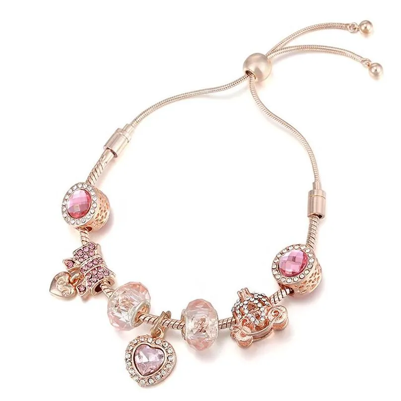 charm bracelets rose color adjustable pulsera women cz crown heart lock pendant pumpkin car charms bracelet men glass beads diy bijoux