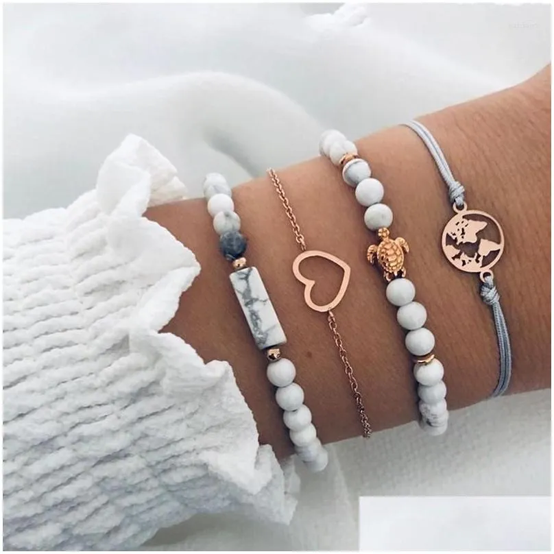 charm bracelets bohemian stone beads chains set for women metal heart round tassel bangle fashion jewelry