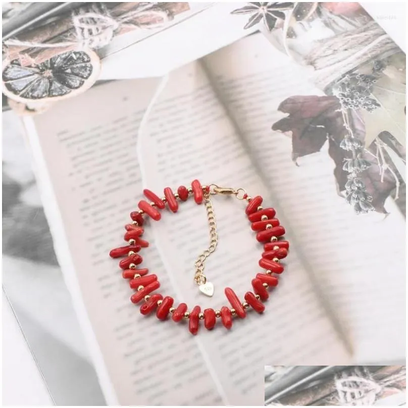 charm bracelets red natural coral stone charms bracelet unique spacers copper beads strand for women high grade gift jewelry 7.5 b139