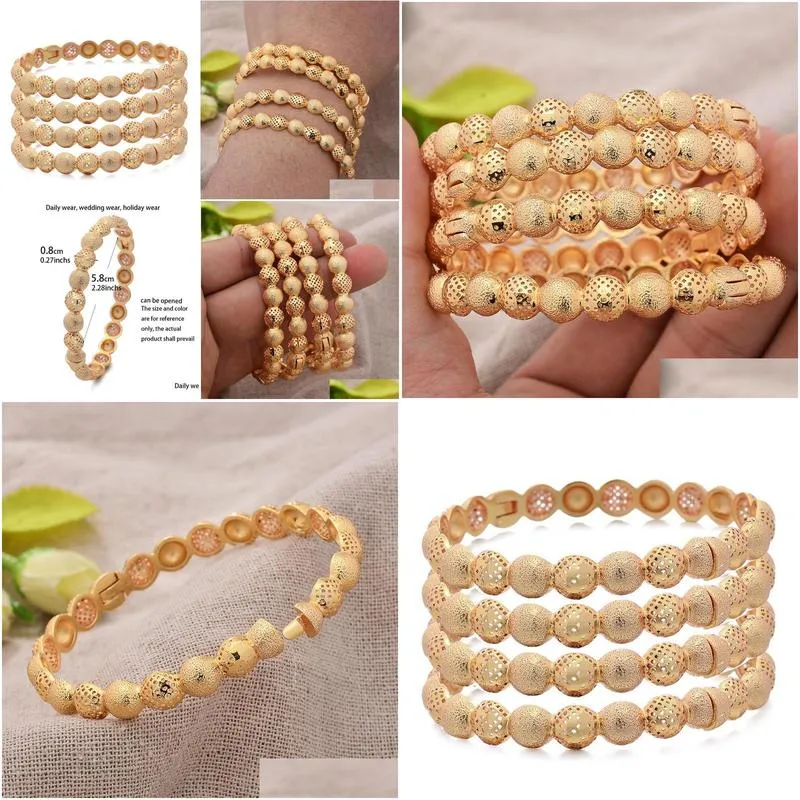 bangle 4pcs/lot round 24k gold color wedding dubai bangles for women girl bride bracelets ethiopian/france/african/dubai jewelry gifts