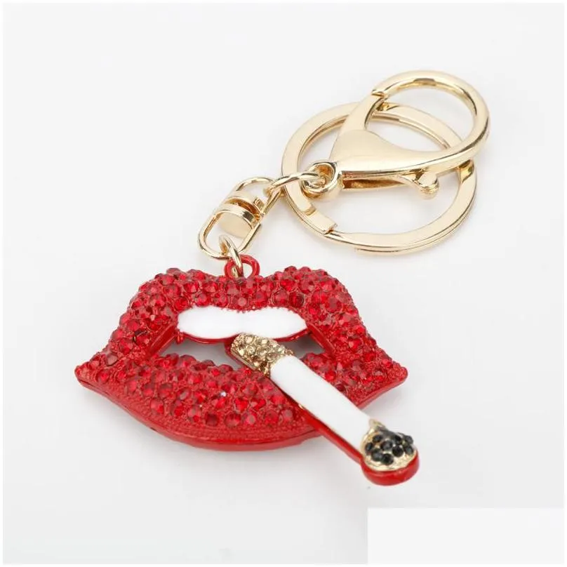 2021 fashion sexy rose red lip crystal cigarette keychain charm pendant rhinestone car purse handbag key chain ring creative gift1