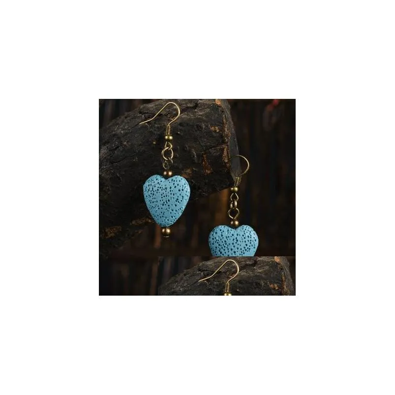 8 colors lava rock heart shape dangle earrings essential oil diffuser natural stone drop ear rings for women fashion aromatherapy