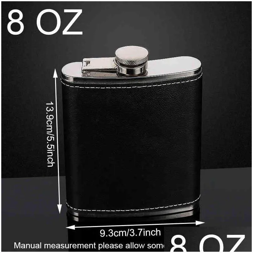 7oz 8oz portable pocket stainless steel hip flask flagon whiskey wine pot pu leather cover alcohol bottle travel tour drinkware screw cap