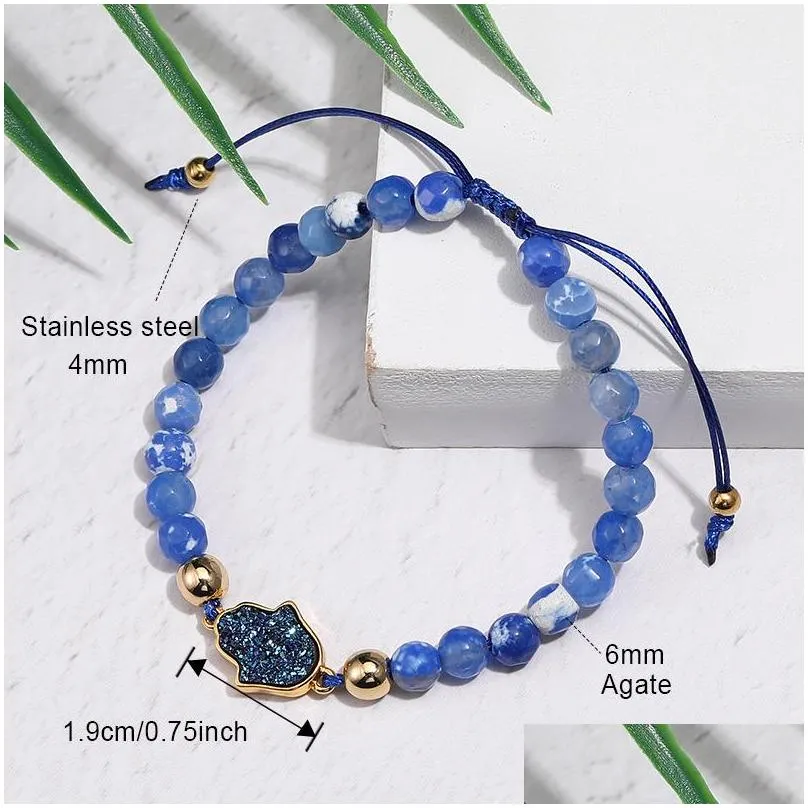 natural stone agate bead druzy charm bracelet for women handmade fatima hamsa hand beads braided bracelets with card jewelry friends