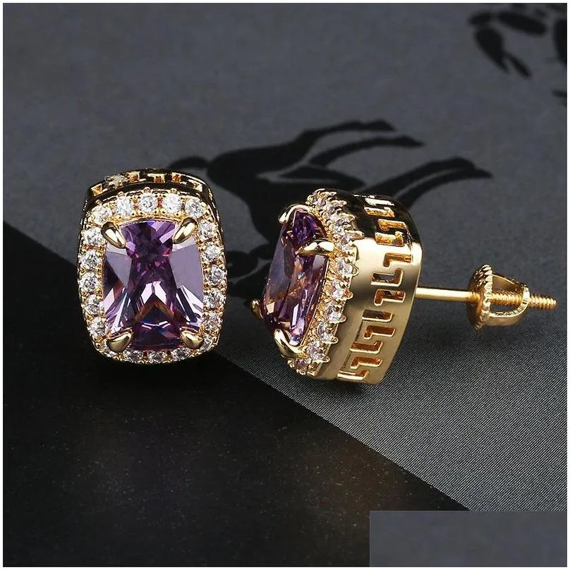 hip hop iced out stud earrings for men women bling crystal zircon cz gemstone gold silver earring hiphop rapper jewelry gift