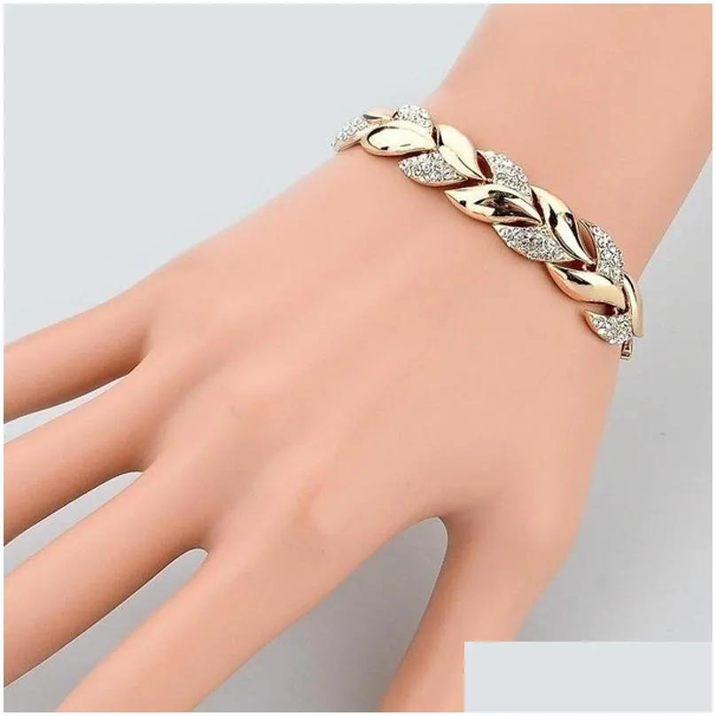 trendy bracelet full rhinestone women wristband jewelry gold color leaf shape crystal bangle wristlet fashion party gifts