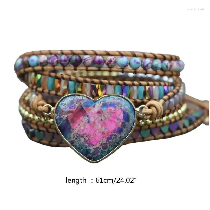 charm bracelets handmade natural heart stones 3 strands wrap boho crystal hematite bead mix women leather bracelet