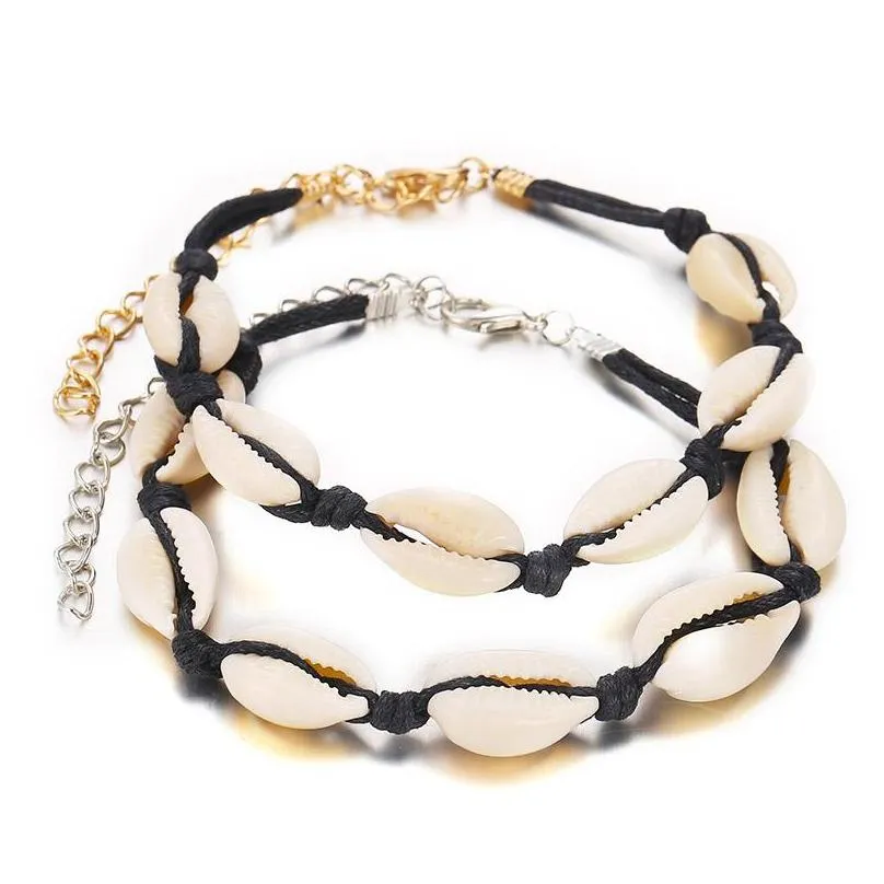 bohemian sea shell anklet for women girls black handmade string rope chains summer beach ankle bracelet on leg men boho jewelry gift