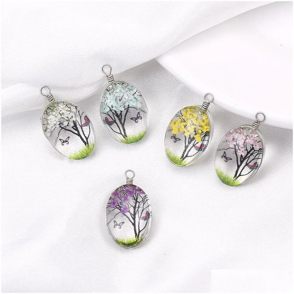 designer creative dried flower pendant for earring necklace woman fashion glass oval ball pressed flower for diy jewelry making