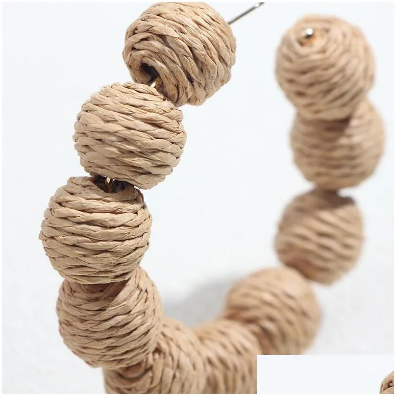 2021 boho handmade round rattan weave big hoop earrings for women natural wooden bamboo straw vine jewelry gift huggie