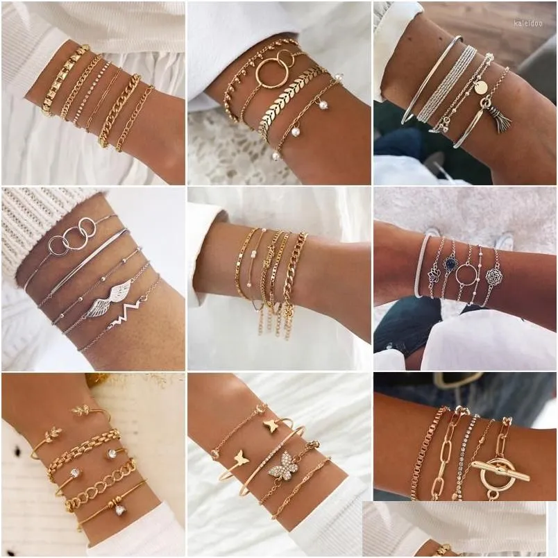 charm bracelets bohemian stone beads chains set for women metal heart round tassel bangle fashion jewelry