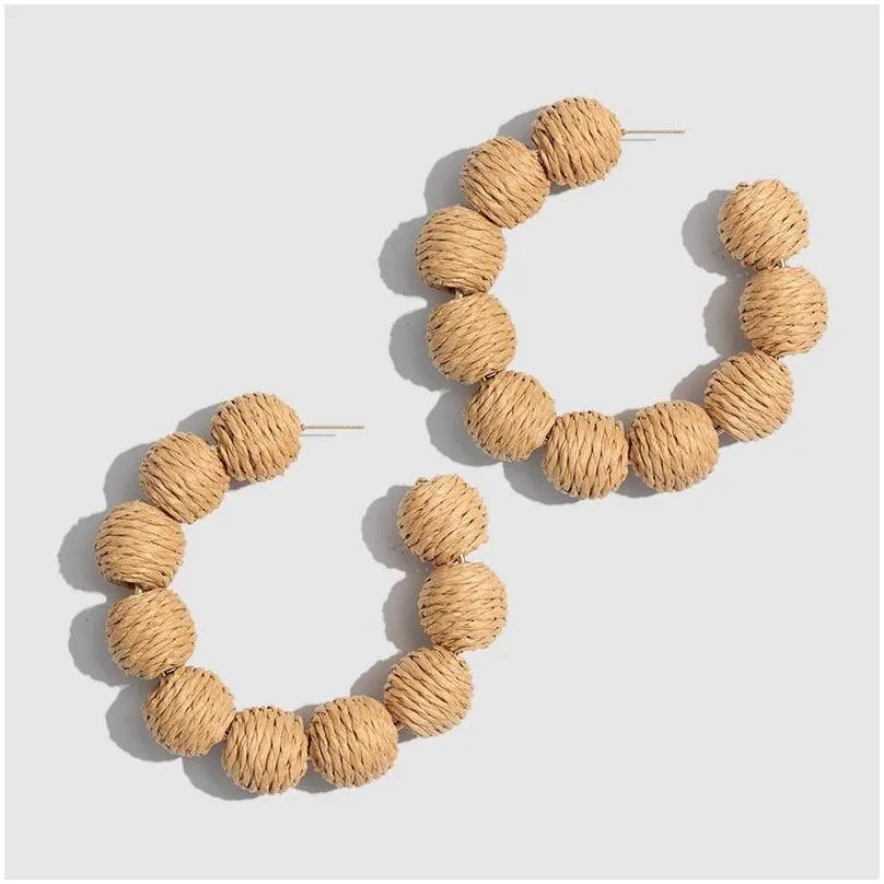 2021 boho handmade round rattan weave big hoop earrings for women natural wooden bamboo straw vine jewelry gift huggie