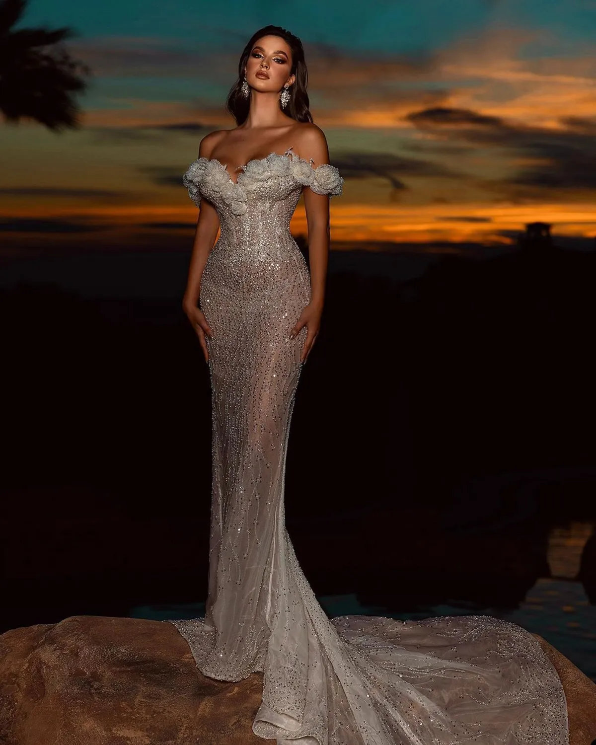Glamorous Prom Dresses Mermaid Sweetheart Off the Shoulder Whole Body Beaded Backless Sequins Chapel Gown Custom Made Evening Dress Plus Size Robes