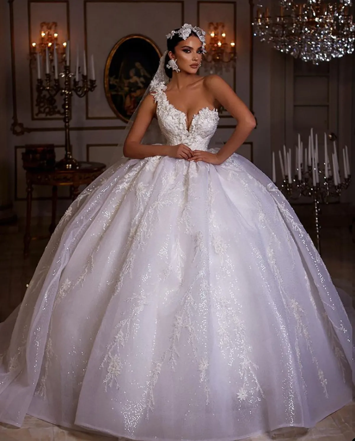 Glamorous Ball Gown Wedding Dresses V-Neck One Shoulder Lace 3D-Floral Applicants Backless Tulle Chapel Gown Custom Made Plus Side Vestidos De Novia