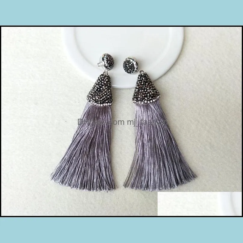 cotton silk tassel earrings pave rhinestone crystal caps tassels jewelry for women bohemia jewelry earrings findings er105