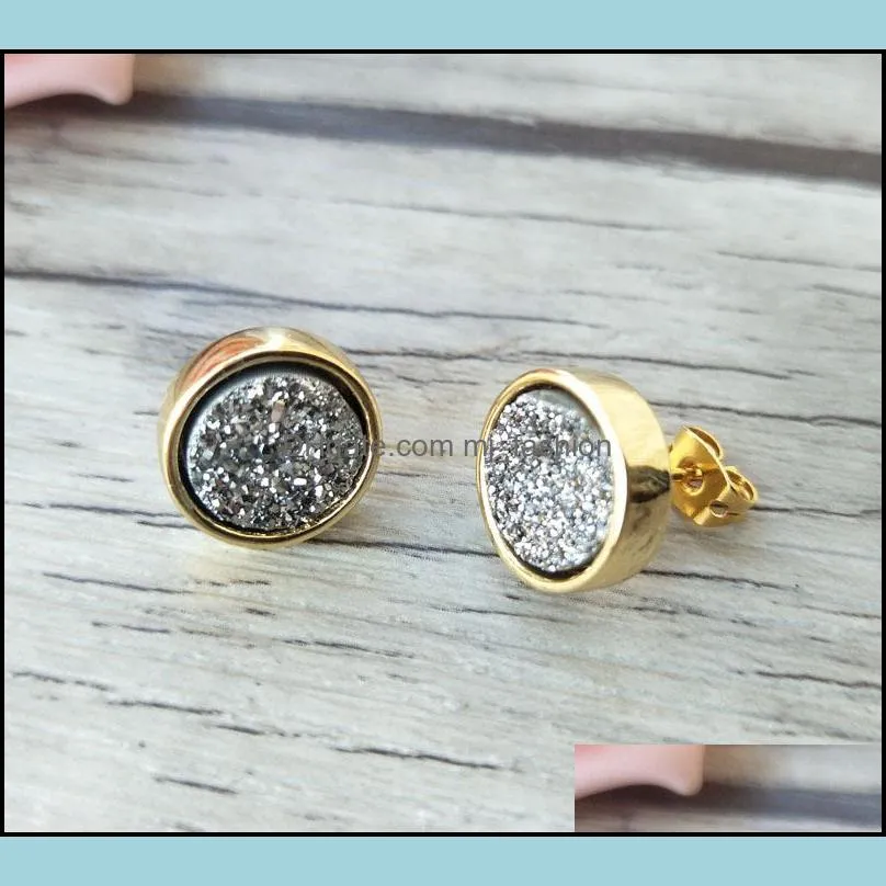 5 pairs 12mm round shape stone stud jewelry natural druse crystal titanium druzy gem stone stud earrings er344