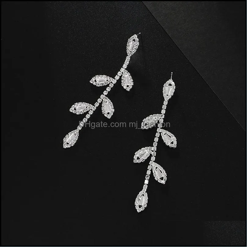 leaf design bridal dangle earrings sparkling rhinestone crystal long earring for women wedding jewelry gift