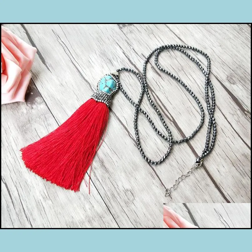 5 strands hematite beads chains necklace howlite blue stone tassel charm pendants pave crystal rhinestone jewelry necklaces nk294