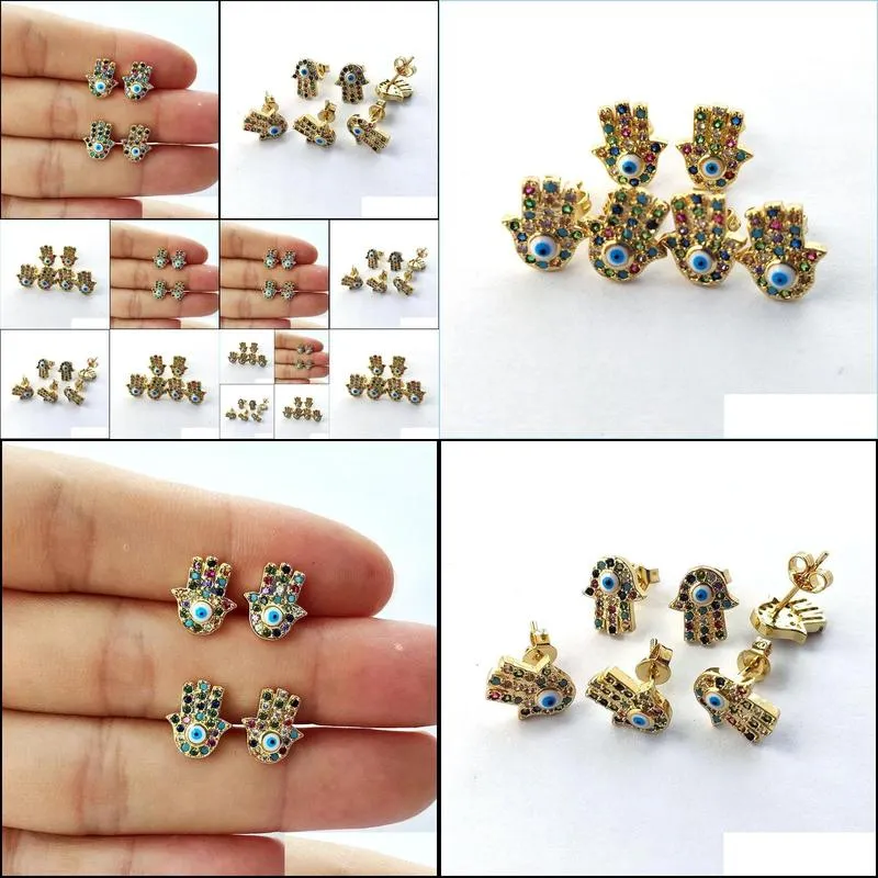 fashion gold color colorful cz rainbow cubic zirconia micro pave hamsa hand eye stud earrings women jewelry er953