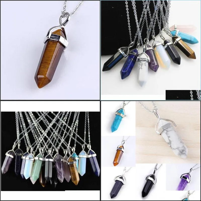  natural hexagonal prism pointed pendant crystal necklaceaddchain