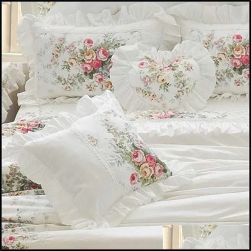 4pcs korean style beige princess bedding set luxury rose printing lace quilt cover ruffles bedspread bed sheet cotton queen king size 487