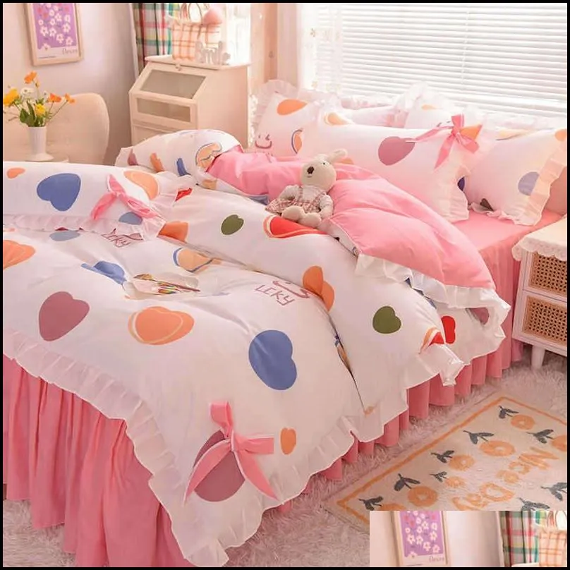 bedding sets spring and autumn brushed bed skirt fourpiece set pastoral style sheet quilt cover dormitory student thre 220923