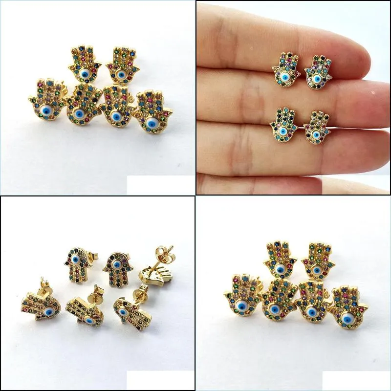 fashion gold color colorful cz rainbow cubic zirconia micro pave hamsa hand eye stud earrings women jewelry er953