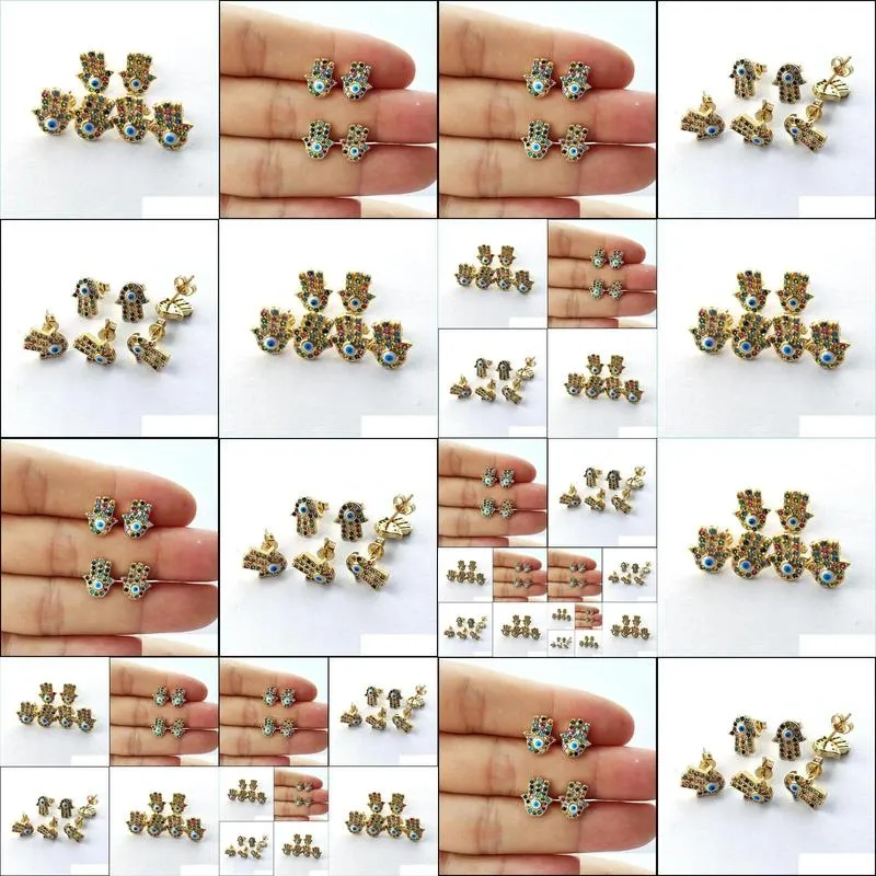 fashion gold color colorful cz rainbow cubic zirconia micro pave hamsa hand eye stud earrings women jewelry er953