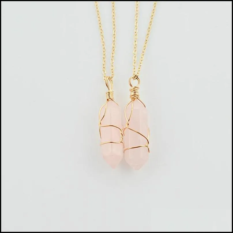 natural stone six prism coneshape cut crystal necklace pendant gold link chains 2pcs/lot wholesale