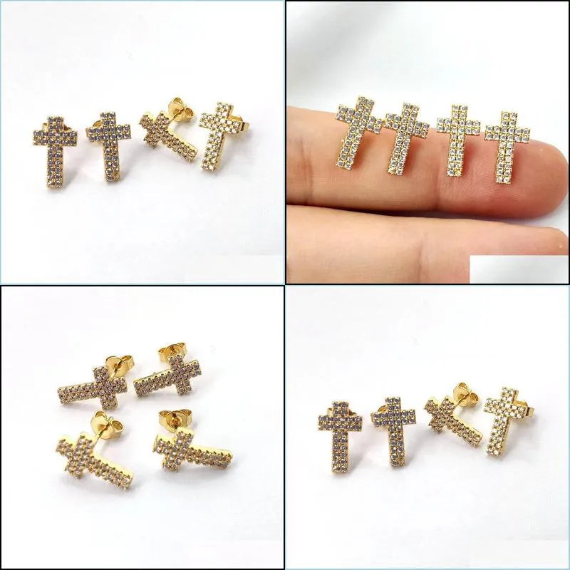 new arrived trendy clear crystal cz micro pave cross stud earrings girl women jewelry gift er903