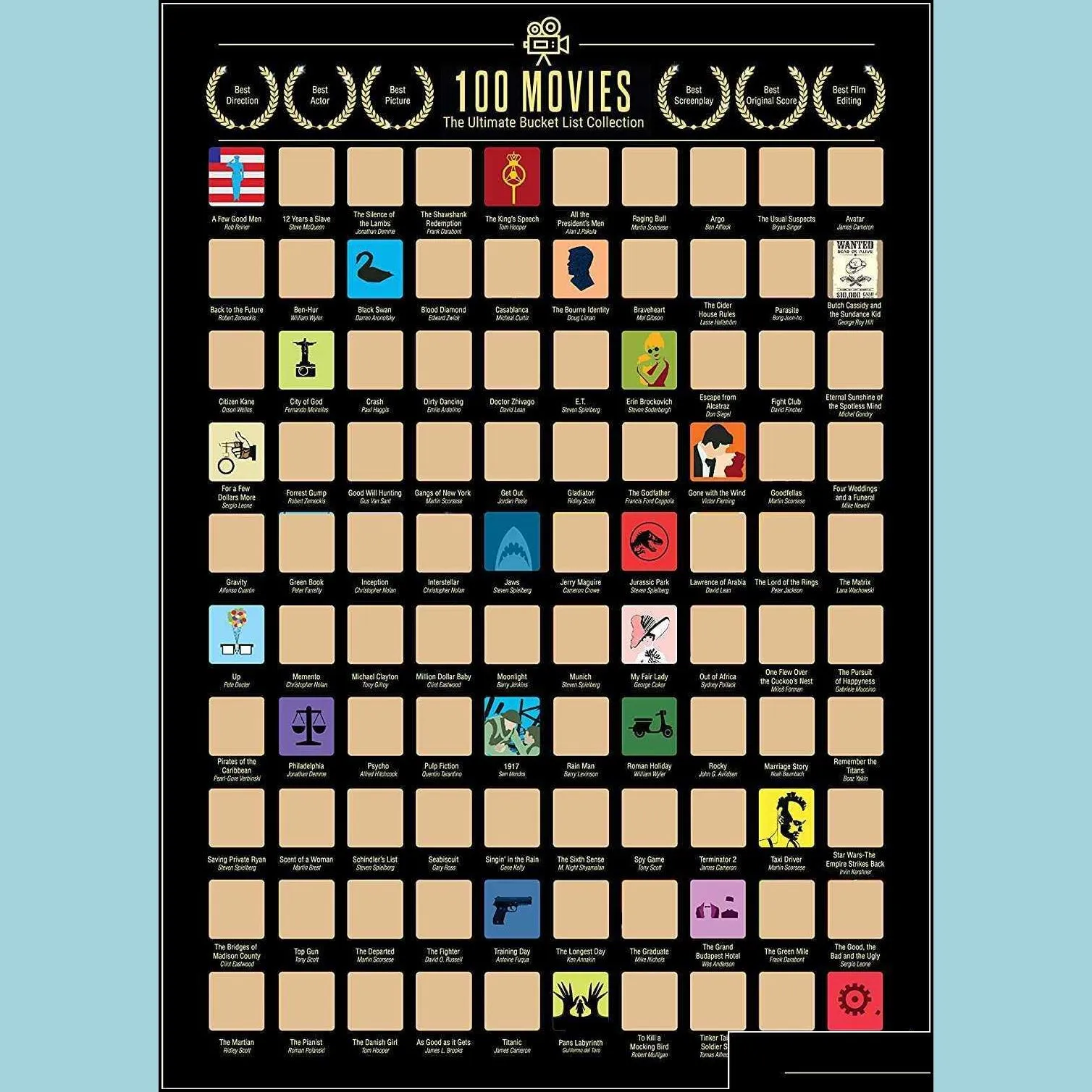 poster scratch off top 100 movies bucket list couple gift unframed 210827