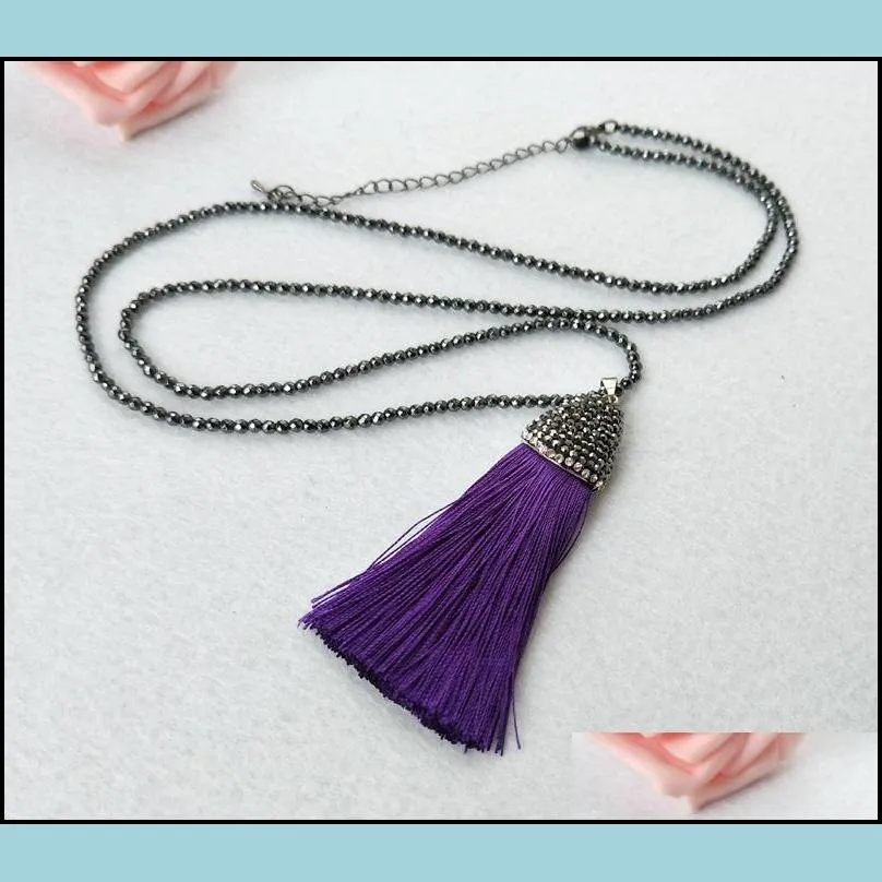 5 strands hematite beads necklace handmade pave crystal rhinestone csilk thread tassel pendant boho necklaces for women nk111