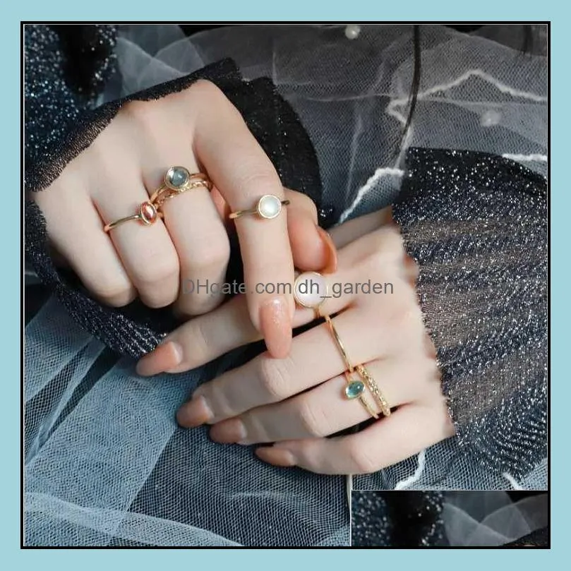 cluster rings 2022 korea 8pcs/set vintage colorful stone metallic chain trendy geometry hit set for women girls jewelrycluster brit22