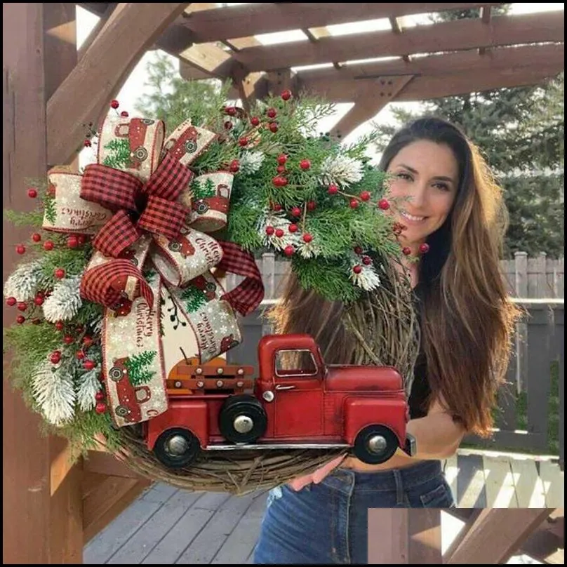 red truck christmas wreath rustic fall front door artificial garlands farmhouse cherries with ribbon hanging festive wreath h1020