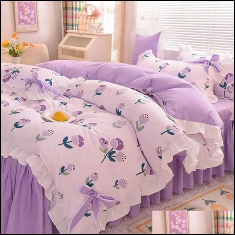 bedding sets spring and autumn brushed bed skirt fourpiece set pastoral style sheet quilt cover dormitory student thre 220923