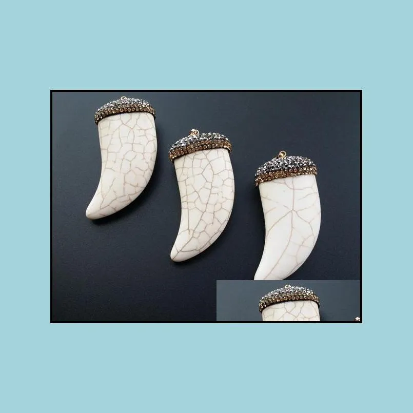 5pcs tophus pave pendant horn ivory shape tusk pendant rhinestone crystal caps pendant natural white tophus tooth pendant pd002