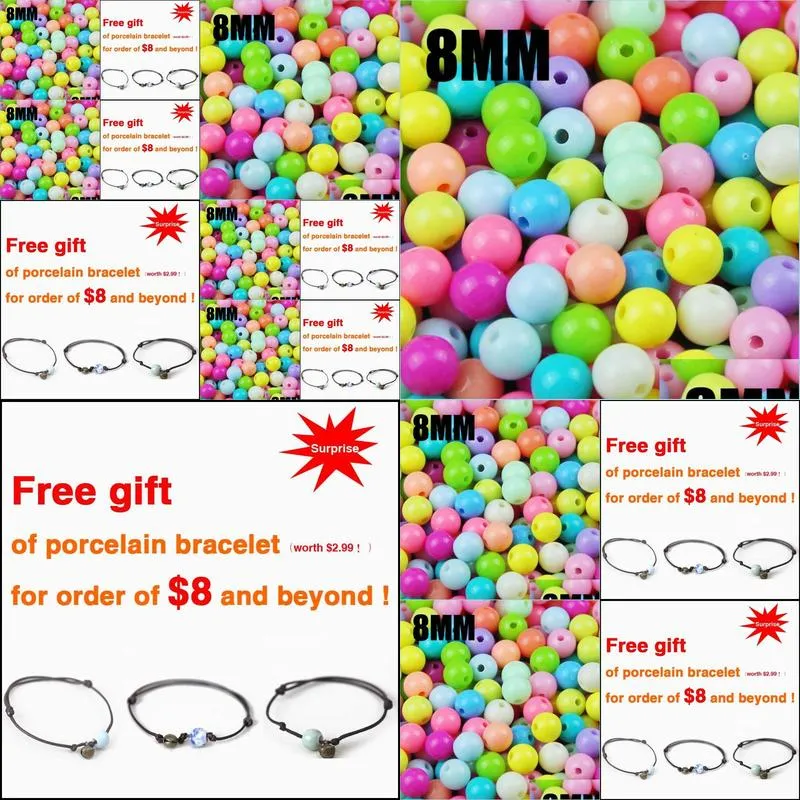 top quality 100pcs mixed candy light color acrylic cream beads neon smooth round loose beads fit jewelry handmade 8mm