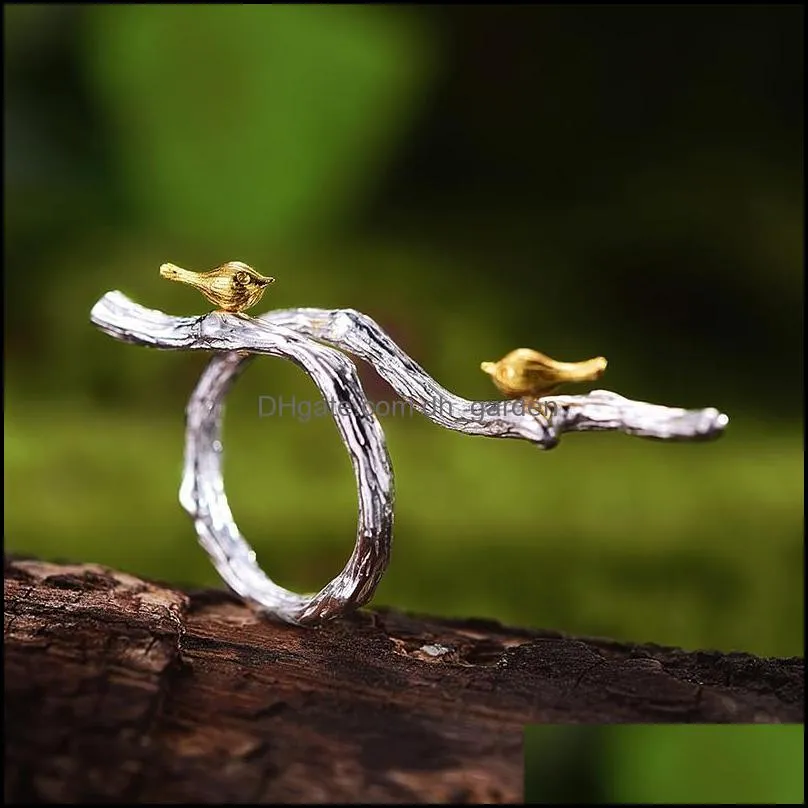 cluster rings lotus fun real 925 sterling silver original handmade fine jewelry adjustable ring 18k gold bird on branch for women