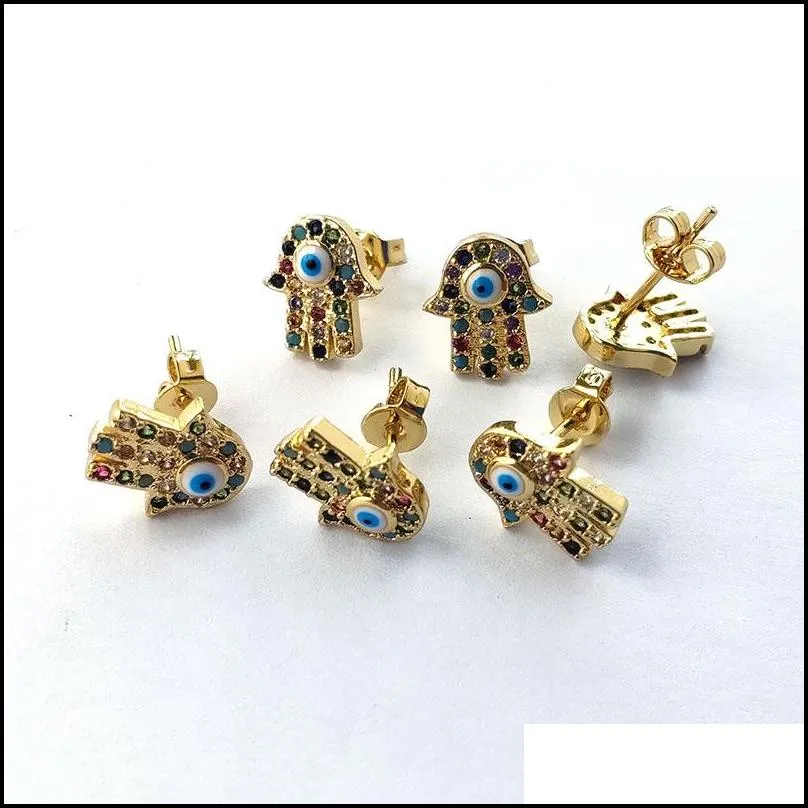 fashion gold color colorful cz rainbow cubic zirconia micro pave hamsa hand eye stud earrings women jewelry er953