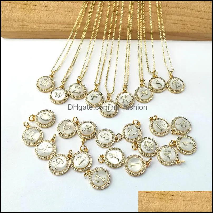 new design gold color shell charms pendant micro pave crystal cubic zircon cz 26 alphabet letters necklaces jewelry nk481