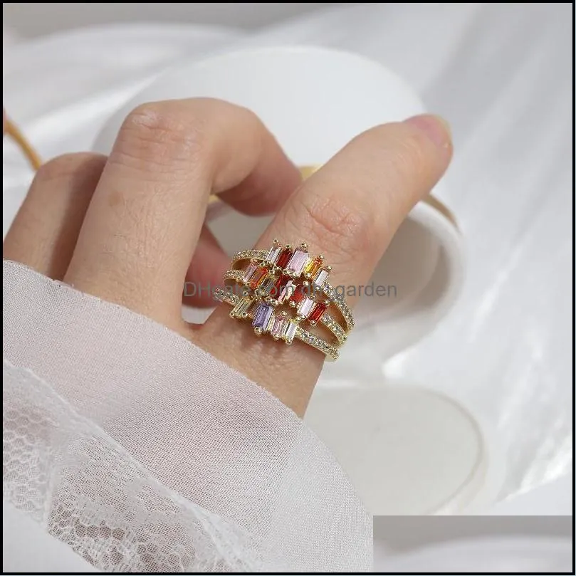 cluster rings korean fashion jewelry exquisite copper inlaid color zircon ring luxury shiny womens prom party opening adjustable