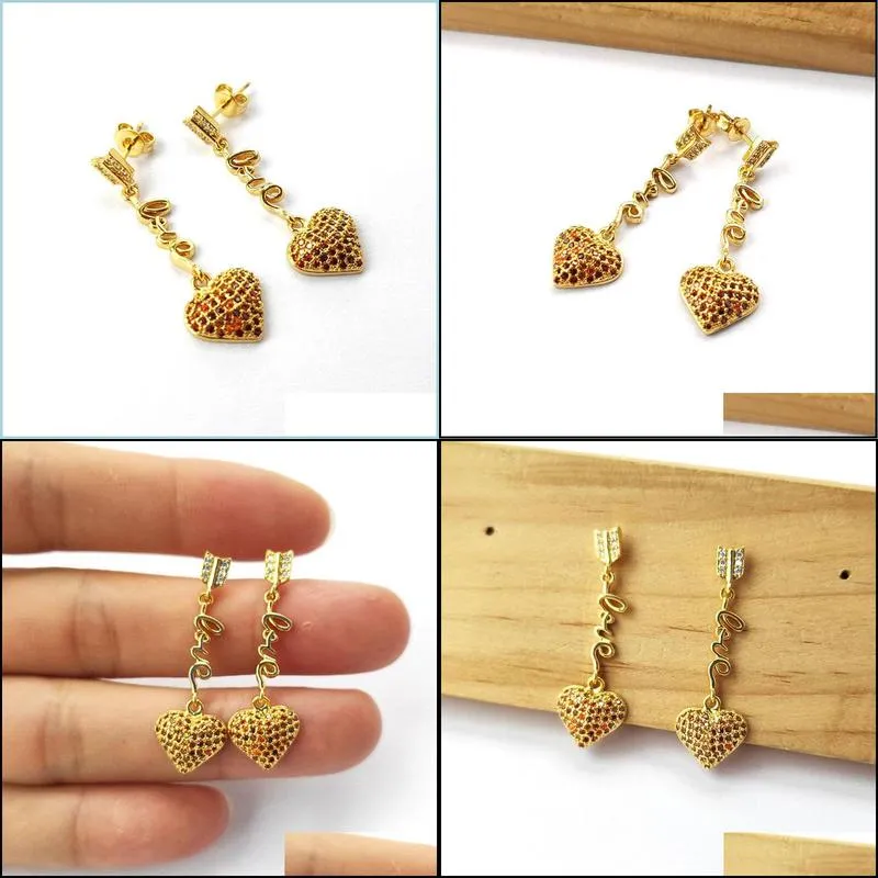 high quality brown cz cubic zirconia micro pave earrings gold color heart earrings for women jewelry er921