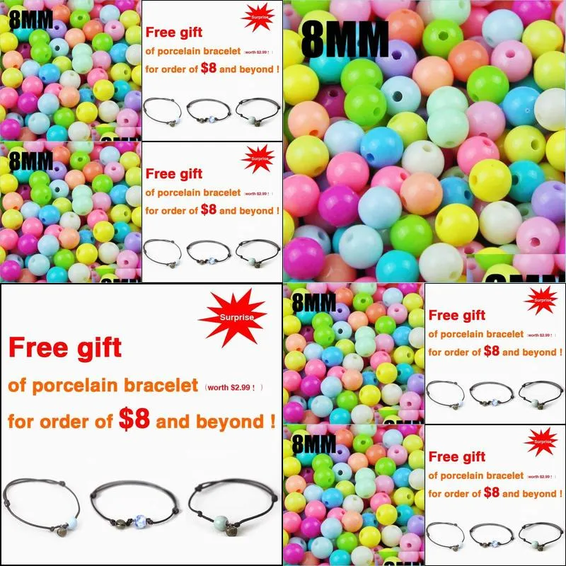 top quality 100pcs mixed candy light color acrylic cream beads neon smooth round loose beads fit jewelry handmade 8mm