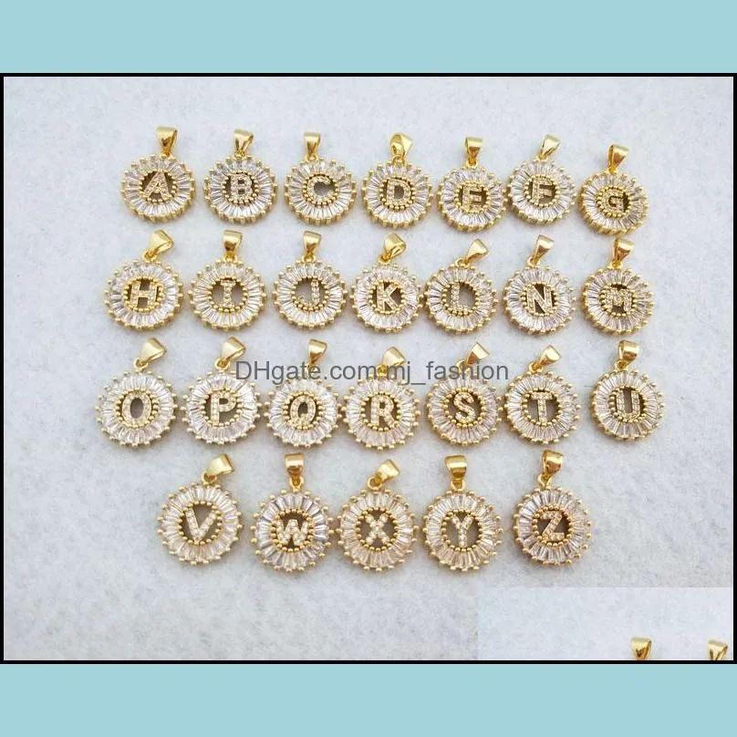 gold color round micro pave crystal cubic zirconia 26 letter pendants charms necklace jewelry making for woman nk348