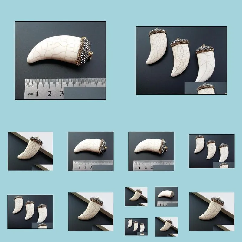 5pcs tophus pave pendant horn ivory shape tusk pendant rhinestone crystal caps pendant natural white tophus tooth pendant pd002
