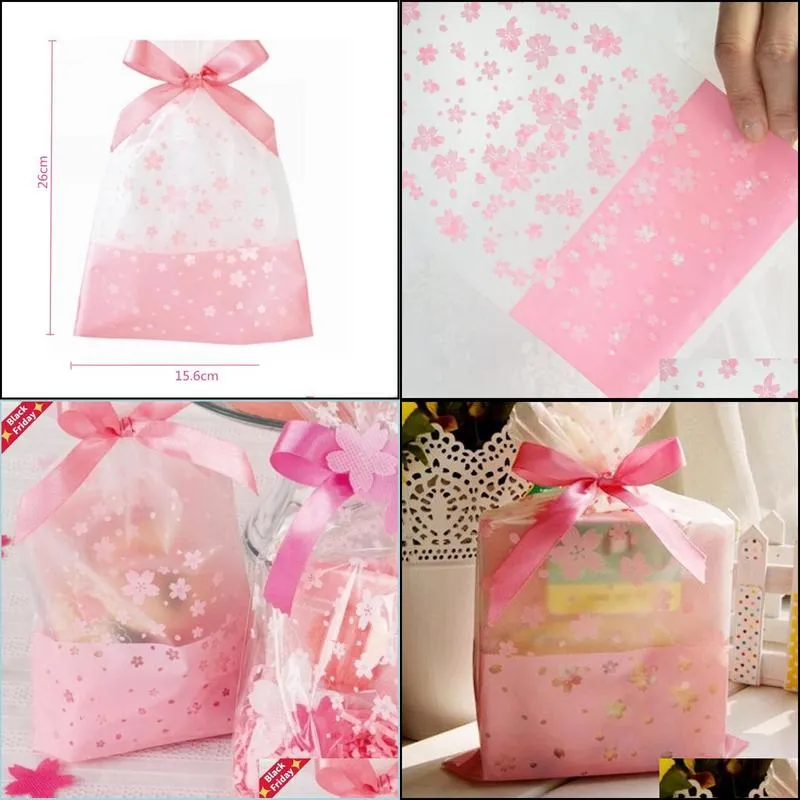 100pcs 16x26cm pink cherry blossom printing transparent gift packaging bags plastic bag for candy and sweets christmas wrap